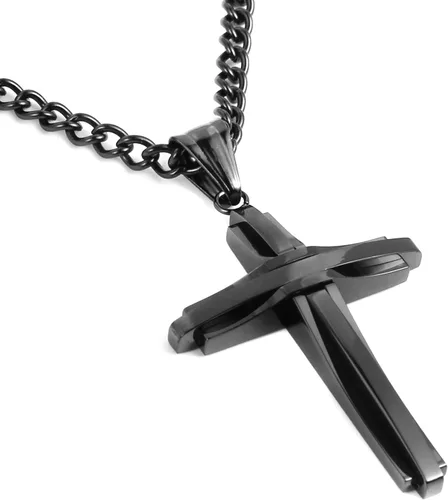 Miniatura 7 de HZMAN collar con colgante de cruz de acero inoxidable pulido, con cadena de 24 in, para hombre