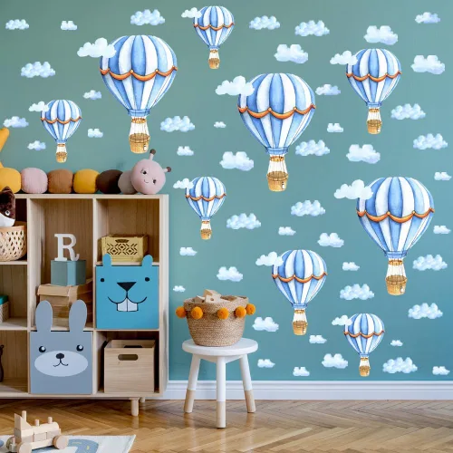 Miniatura 4 de Calcomanías de pared extraíbles para globos de aire caliente grandes, calcomanías de vinilo de nubes azules, autoadhesivos, murales artísticos