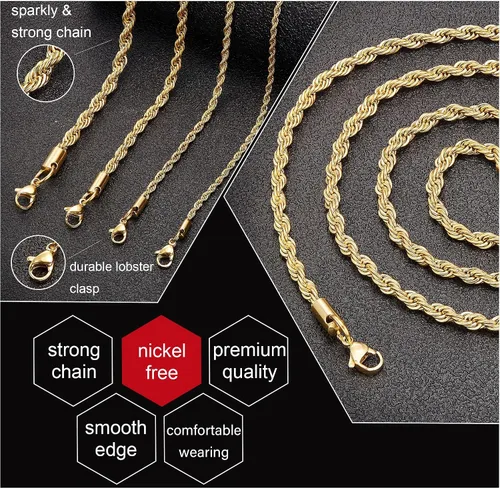 Miniatura 4 de Cadena de torzal de acero inoxidable chapada en oro real de 18quilates, cadena de 0.059, 0.098 y 0.196pulgadas de ancho (1.5, 2.5 y 5mm)