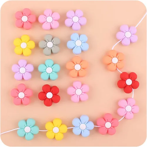 Miniatura 6 de Decoendiy 15 cuentas de silicona de flores de margarita, cuentas coloridas en forma de girasol, cuentas planas de dibujos animados, cuentas