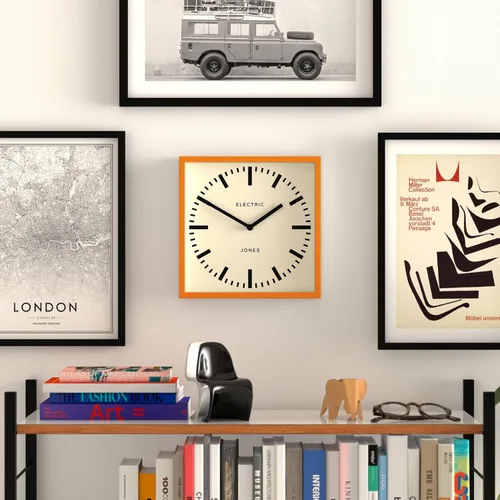 Miniatura 3 de JONES CLOCKS® Reloj de pared Box Railway Reloj de estación cuadrada 10 pulgadas Naranja Aspecto de diseñador genial para cocina, sala