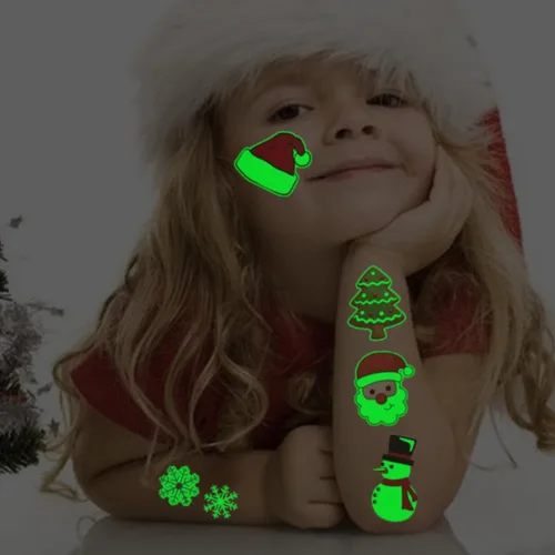 Miniatura 4 de CHARLENT Tatuajes temporales de Navidad que brillan en la oscuridad para suministros de fiesta de niños, 74 hojas individuales, tatuajes luminosos