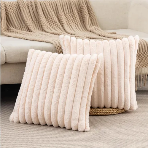 Miniatura 13 de ZLINA Juego de 2 fundas de almohada decorativas de piel sintética color albaricoque, fundas de cojín esponjosas a rayas, 16 x 16 pulgadas