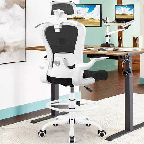Silla de Dibujo, Silla de Oficina Alta con Soporte Lumbar y para la Cabeza 3D, Silla Ergonómica de Malla para Escritorio de Pie con Anillo Blanco