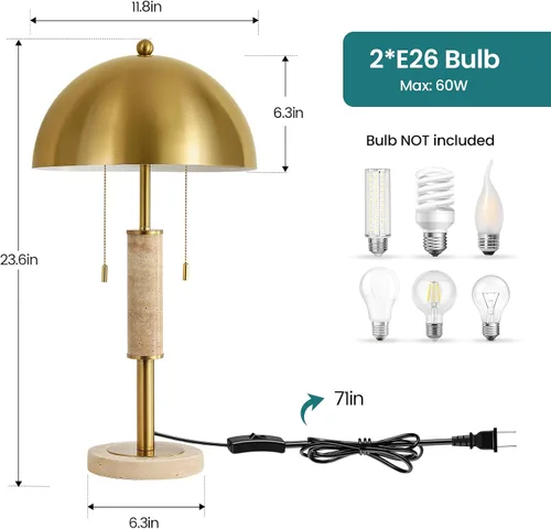 Miniatura 6 de KAISITE Juego de 2 lámparas de mesa modernas de 61 cm para sala de estar, lámpara de mesita de noche de metal dorado con travertino decorativo