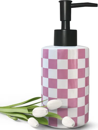 Miniatura 8 de Dispensador de jabón de baño con bomba negra mate, dispensador de jabón de cerámica blanca para cocina, patrón de cuadros, botella de bomba vacía