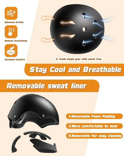 Miniatura 4 de Juego de casco de bicicleta para niños, casco ajustable para niños de 2-3-5-8-14 años, juego de almohadillas para niños pequeños con rodilleras