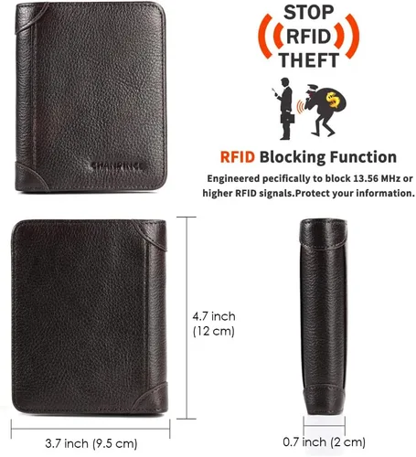 Miniatura 63 de Billetera de piel triple con bloqueo RFID para hombre con 2 ventanas de identificación, 2 compartimentos para efectivo, 6-8 ranuras para tarjetas
