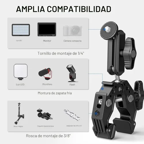 Miniatura 6 de NEEWER Super Clamp con Brazo Mágico de Cabeza Esférica Doble de 3", Zapata Fría, Roscas de 1/4", Adaptador de Montaje para Cámara de Teléfono/Acción