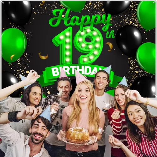 Miniatura 6 de Cartel de feliz cumpleaños 19 color verde y negro, decoración temática de globos de confeti para niñas y mujeres de 19 años, suministros