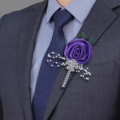Miniatura 10 de Boutonniere de flores artificiales, paquete de 2 piezas para boda, tela de seda sintética, rosa Boutonniere para iglesia, boda, equipo, novio, Rosa