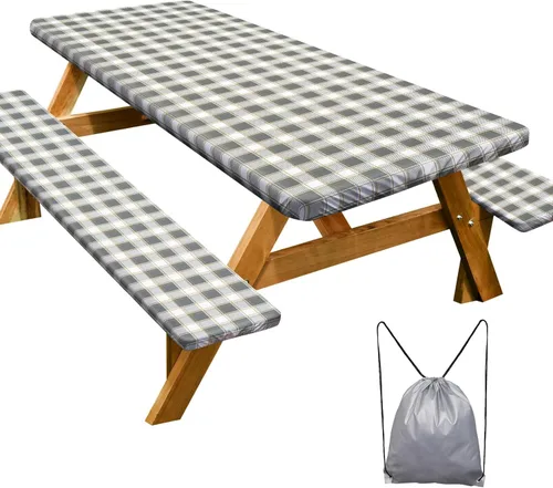 Miniatura 18 de Funda de mesa de picnic con fundas para bancos Esenciales de camping Mantel de picnic impermeable y a prueba de viento con bolsa de cordón, funda