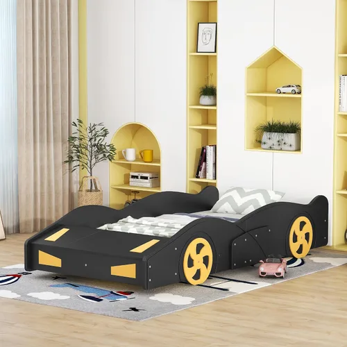 Miniatura 3 de Cama de plataforma en forma de auto de carreras de tamaño individual con ruedas y almacenamiento, base de cama de plataforma de madera maciza