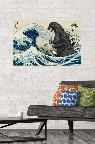 Miniatura 2 de Godzilla - Póster de pared Great Wave de 34 pulgadas de largo x 22.4 pulgadas de ancho, versión sin marco