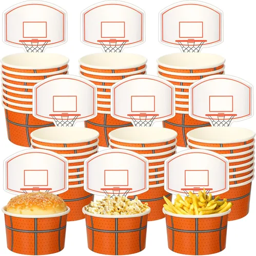 Sunnyray 48 juegos de tazas de baloncesto con tarjetas de 8 onzas desechables de papel de baloncesto para fiestas, pelotas deportivas, cuencos de