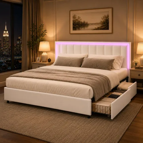 Miniatura 12 de IMMERSTABLE Base de cama tamaño Queen con cabecero y 4 cajones de almacenamiento, plataforma tapizada de piel sintética con luces LED, listones