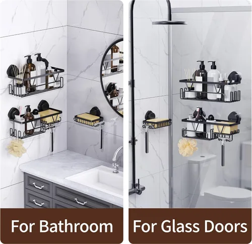 Miniatura 7 de KEGII Ventosa para ducha, paquete de 3 estantes de ducha extraíbles con ganchos y soporte para jabón, organizador de baño sin perforaciones