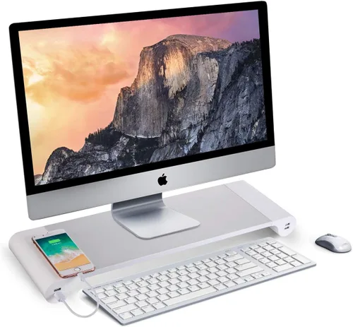 PG - Soporte elevador de monitor plateado con puertos de carga USB de 4 puertos, práctico organizador de teclado, organizador de escritorio para