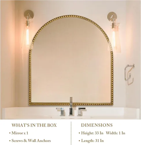 Miniatura 5 de Espejo de baño arqueado de 33 x 31 pulgadas, espejo de pared dorado antiguo, marco de cuentas de metal, espejo de tocador para tocador, sala de Arco