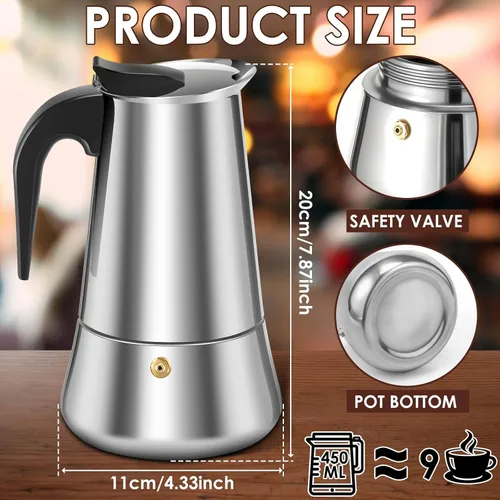 Miniatura 2 de Paquete de 2 ollas de café expreso Moka de acero inoxidable, 15.2 fl oz/15 oz/9 tazas para estufa y cocinas de inducción (2)