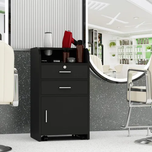 Estación de gabinete de almacenamiento para salón de belleza/peluquería con cajón de bloqueo y 4 ruedas, estación de estilista con 2 soportes para