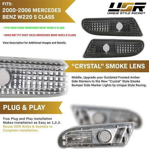 Miniatura 4 de USR DEPO 00-06 W220 Clase S - Juego de luces de marcador lateral para parachoques de lente ahumada (izquierda + derecha) compatible con Mercedes