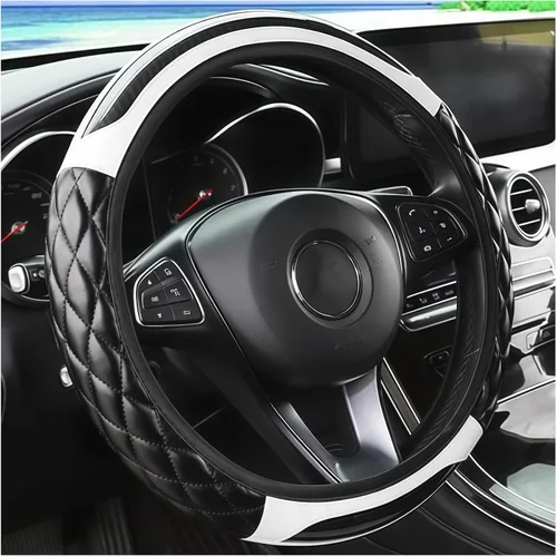 Miniatura 9 de Funda de fibra de carbono para volante de automóvil, de cuero transpirable, antideslizante, protector de volante de vehículo de 14.5 a 15 pulgadas