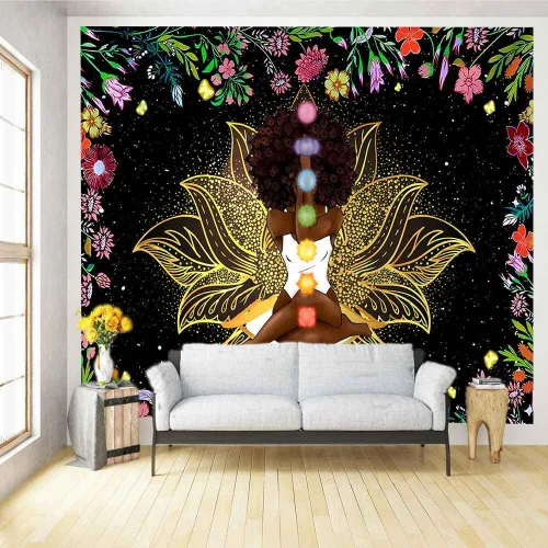 Miniatura 12 de Ine Ive Tapiz de chakra africano, mujer afroamericana, tapices de meditación zen, 40 x 30 pulgadas, cielo estrellado, flores, jardín, inspirador
