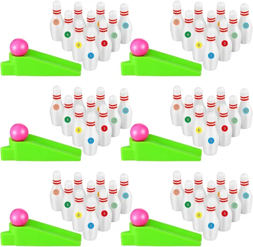 Kathfly Recuerdos de fiesta de bolos para niños, mini juego con pasadores de tazón en miniatura, rampa, bola, juegos de bolos de mesa, rellenos de