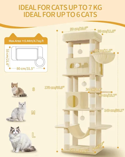 Miniatura 2 de Hzuaneri Árbol para gatos de interior, torre grande de 69.9 pulgadas para gatos, casa de varios niveles con condominio, 8 postes rascadores, hamaca