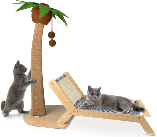 Poste rascador para gatos con silla de playa 2 en 1, 29.5 pulgadas de alto, palmera para gatos con salón y bola colgante interactiva, muebles para