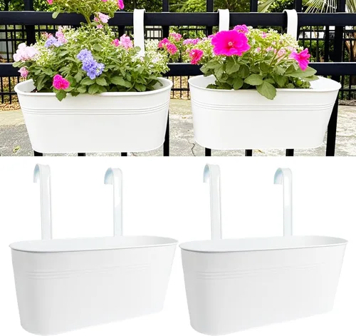 Macetas colgantes para plantas al aire libre, macetas de barandilla de 17 pulgadas, maceta de valla de metal para porche, balcón con gancho