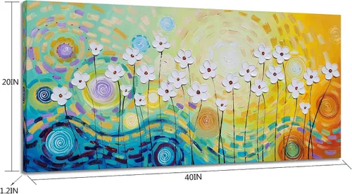 Miniatura 2 de YHSKY ARTS - Pinturas de flores blancas al óleo con textura pintada a mano, lienzo moderno y colorido, arte de pared contemporáneo, imágenes