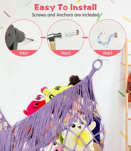 Miniatura 6 de Hamaca extra grande de red para animales de peluche – [56 pulgadas de largo/macramé tejido a mano/lavanda] Hamaca de almacenamiento para pared