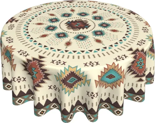 Giwawa Mantel redondo azteca del suroeste de 60 pulgadas, diseño étnico tribal geométrico, estilo vintage, mantel circular bohemio y chic lavable