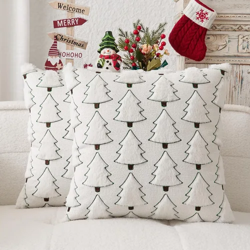 Miniatura 31 de Kevin Textile - Fundas de almohada con diseño de árbol de Navidad de 16 x 16 pulgadas, juego de 2, bordado de lujo, felpa suave, piel sintética
