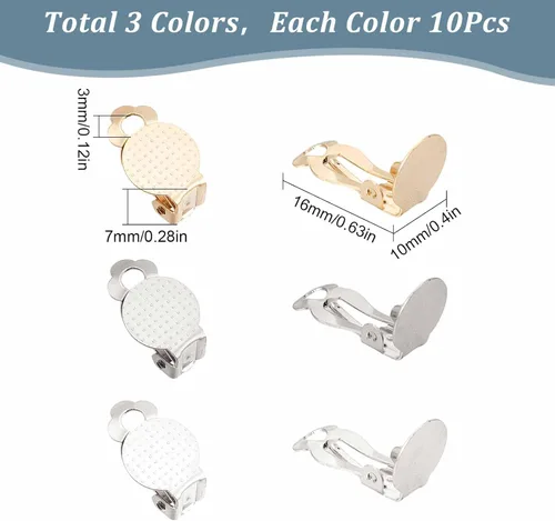 Miniatura 2 de SUNNYCLUE 1 caja de 30 piezas de 3 colores de clip en aretes de clip redondos de espalda plana, convertidores de aretes de acero inoxidable, ajustes