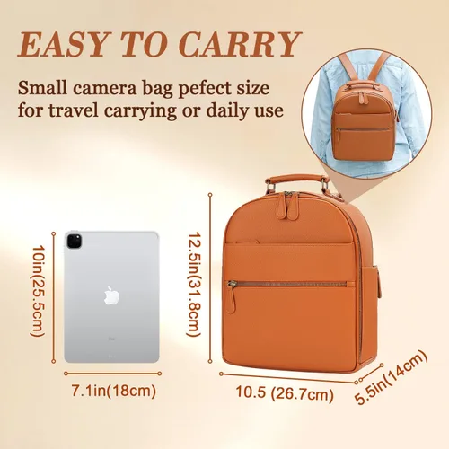 Miniatura 2 de Mochila Pequeña para Cámara, Cuero PU Clásico con Compartimento para Pad/Tableta de 11 Pulgadas, Bolsa de Cámara Profesional para Fotógrafos
