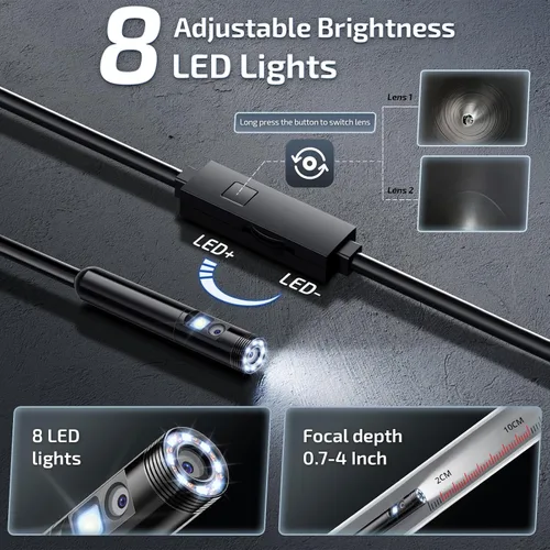 Miniatura 4 de Cámara endoscopio con luz, cámara boroscopio 1920P con 8+1 luces LED ajustables, cable semirrígido de 16.5 pies, IP67 impermeable para iPhone, iPad