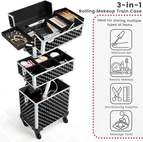 Miniatura 4 de Yaheetech Estuche de tren de maquillaje rodante 3 en 1, organizador de gran capacidad con ruedas giratorias, carrito cosmético para llaves para Negro