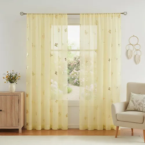 Miniatura 9 de Jubilantex Paneles de cortinas transparentes de mariposas negras y doradas de 52 pulgadas de ancho para dormitorio de niñas, elegantes cortinas