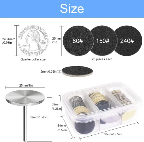 Miniatura 6 de Discos de papel de lija con broca de metal para uñas, discos de papel de lija de 0.984 in, discos de papel de lija para manicura y pedicura, #80 #