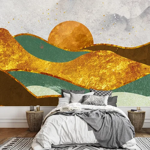 Miniatura 32 de SIGNFORD Adhesivo mural removible para pared, mármol de granito, ondas doradas, cordillera, sol, naturaleza, desierto, ilustraciones, arte rústico