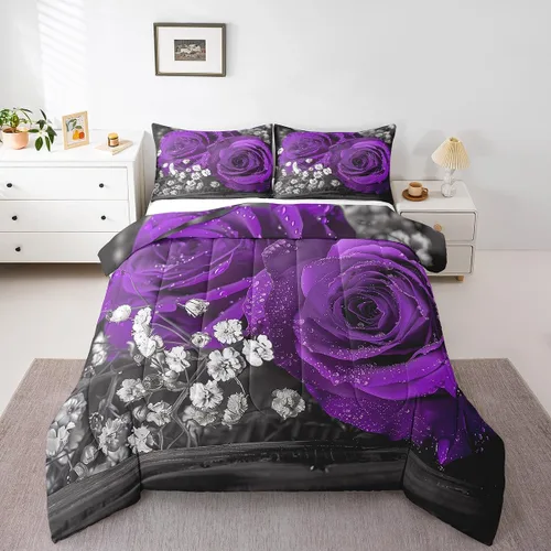 Miniatura 24 de Juego de edredón de rosas rojas, tamaño individual, juego de ropa de cama floral rojo degradado negro para niñas, mujeres, niños, adolescentes
