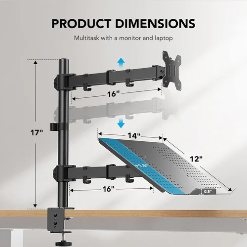 Miniatura 5 de HUANUO Soporte de monitor ajustable, soporte de escritorio de un solo brazo para pantalla de 32 pulgadas y portátil de 17 pulgadas, soporte