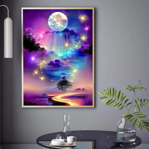 Miniatura 3 de Kits de arte de diamantes para adultos, kits de pintura de diamantes de paisaje lunar para principiantes, kits de arte de gemas de puntos