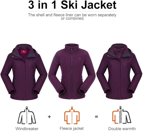 Miniatura 2 de CAMEL CROWN - Chaqueta de esquí para mujer, impermeable, 3 en 1, chaqueta de invierno resistente al viento, forro polar cálido, con capucha