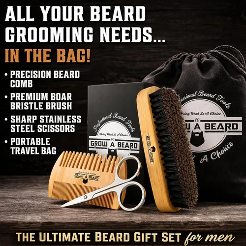 Miniatura 2 de Juego de cepillo para barba y peine para el cuidado de los hombres tijeras para bigote para regalo de caballero caja de regalo y bolsa de viaje