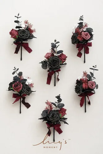 Miniatura 5 de Ling's moment Juego de 6 mini ramos de flores de boda color burdeos y negras para dama de honor, prefabricados, pequeños, florales, granate