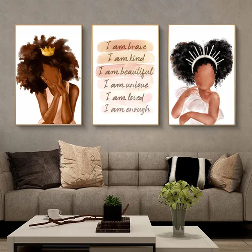 Miniatura 4 de LLOSEUP Arte de pared de reina negra, corona de princesa afroamericana, con citas de corazón arco iris, arte de pared, póster escandinavo